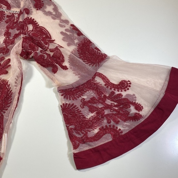 Minkpink Embroidered Sheer Mesh Top Pink Tulle Burgundy Trim Bell Sleeves Size S - Picture 14 of 14